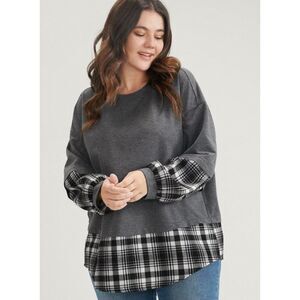 Bloomchic Sweatshirt 14 16 Women's Gray Plaid Patchwork Round Neck Arc Hem